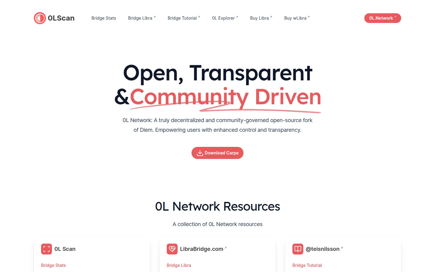 0L Scan homepage describing the 0L Network as an open community fork of Diem
