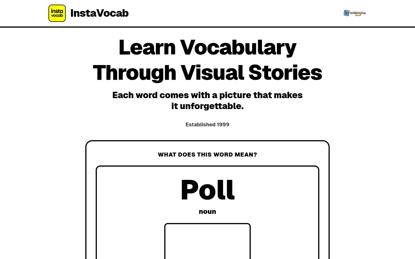 InstaVocab homepage with the headline Learn Vocabulary Through Visual Stories and the start of a word card