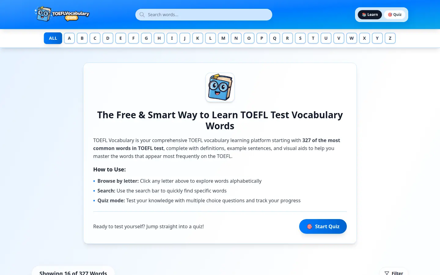 TOEFL Vocabulary homepage with letter filters, a 327-word introduction, and a start quiz button
